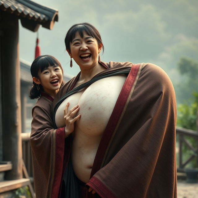 In a medieval Chinese village, a young Chinese woman, very short and emaciated, is depicted shouting loudly while wearing a long, fully closed Buddhist cloak