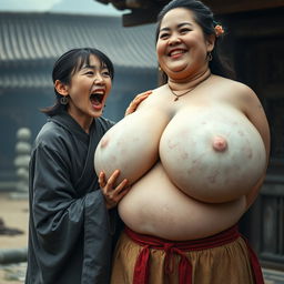 In a medieval Chinese village, a young Chinese woman, very short and emaciated, is depicted loudly shouting while wearing a long, fully closed Buddhist cloak