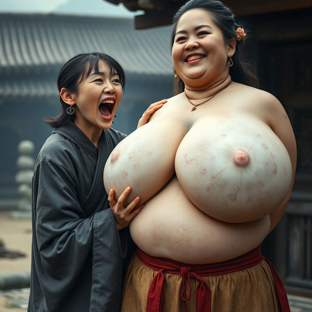 In a medieval Chinese village, a young Chinese woman, very short and emaciated, is depicted loudly shouting while wearing a long, fully closed Buddhist cloak