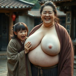 In a medieval Chinese village, a young Chinese woman, very short and emaciated, is depicted loudly shouting while wearing a long, fully closed Buddhist cloak