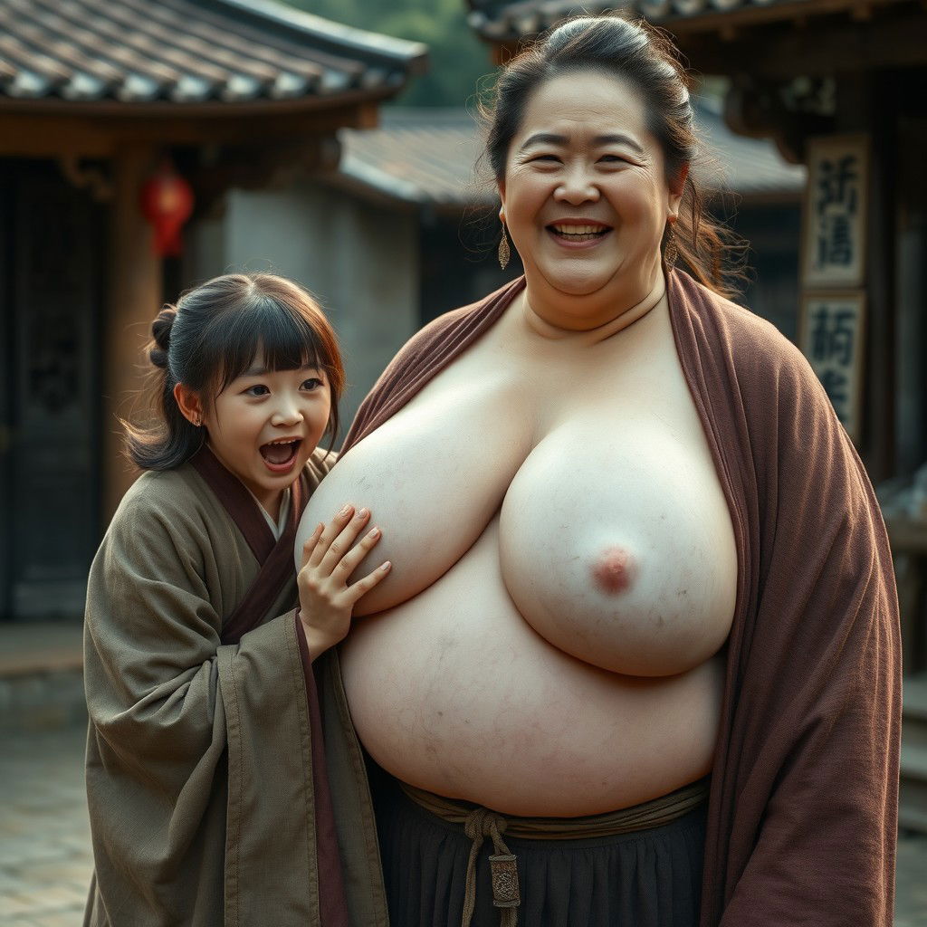 In a medieval Chinese village, a young Chinese woman, very short and emaciated, is depicted loudly shouting while wearing a long, fully closed Buddhist cloak