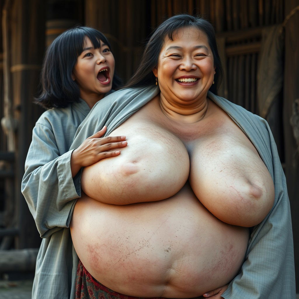 In a medieval Indonesian village, a short and emaciated young Indonesian woman is loudly shouting while wearing a long, fully closed Buddhist robe, with medium-length hair and bangs