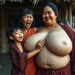 In a medieval Indonesian village, a short and emaciated young Indonesian woman is loudly shouting while wearing a long, fully closed Buddhist robe, with medium-length hair and bangs