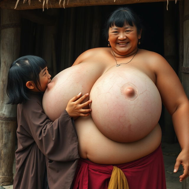 In a medieval Indonesian village, a short and emaciated young Indonesian woman is loudly shouting while wearing a long, fully closed Buddhist robe, with medium-length hair and bangs