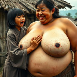 In a medieval Indonesian village, a short and emaciated young Indonesian woman is loudly shouting while wearing a long, fully closed Buddhist robe, with medium-length hair and bangs