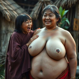 In a medieval Indonesian village, a short and emaciated young Indonesian woman is loudly shouting while wearing a long, fully closed Buddhist robe, with medium-length hair and bangs