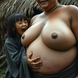 In a medieval Indonesian village, a short and emaciated young Indonesian woman is loudly shouting while wearing a long, fully closed Buddhist robe, with medium-length hair and bangs