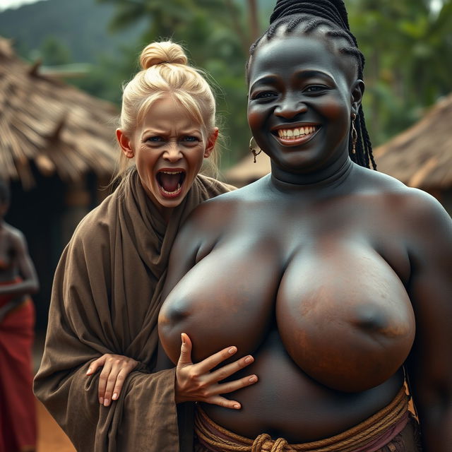 In an African medieval village, a young blonde woman with blue eyes, notably short and emaciated, is screaming loudly while wearing a long, fully closed Buddhist robe with her hair styled in a bun