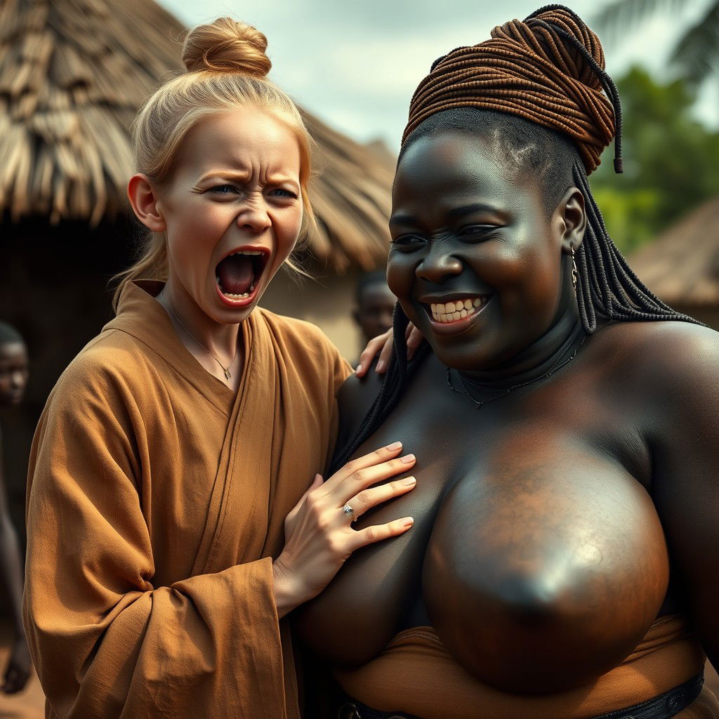 In an African medieval village, a young blonde woman with blue eyes, notably short and emaciated, is screaming loudly while dressed in a long, fully closed Buddhist robe with her hair styled in a bun