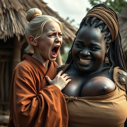In an African medieval village, a young blonde woman with blue eyes, notably short and emaciated, is screaming loudly while dressed in a long, fully closed Buddhist robe with her hair styled in a bun