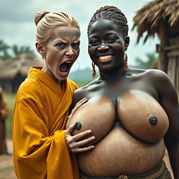 In an African medieval village, a young blonde woman with blue eyes, notably short and emaciated, is screaming loudly while dressed in a long, fully closed Buddhist robe with her hair styled in a bun