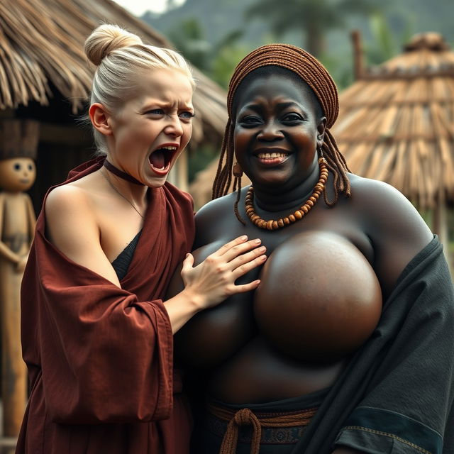 In an African medieval village, a young blonde woman with blue eyes, notably short and emaciated, is screaming loudly while dressed in a long, fully closed Buddhist robe with her hair styled in a bun