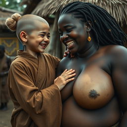 In an African medieval village, a young, very short, undernourished blonde woman with rotten teeth is wearing a long, fully-closed Buddhist robe, styled with her hair in a bun and adorned with medieval earrings