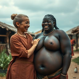 In an African medieval village, a young, very short, undernourished blonde woman with rotten teeth is wearing a long, fully-closed Buddhist robe, styled with her hair in a bun and adorned with medieval earrings