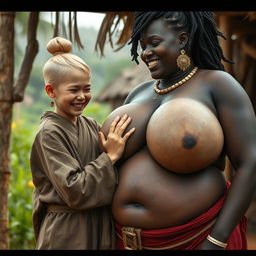 In an African medieval village, a young, very short, undernourished blonde woman with rotten teeth is wearing a long, fully-closed Buddhist robe, styled with her hair in a bun and adorned with medieval earrings