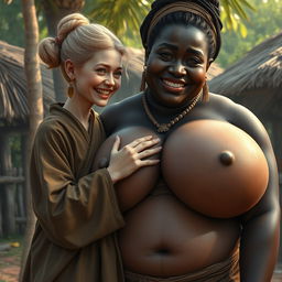 In an African medieval village, a young, very short, undernourished blonde woman with rotten teeth is dressed in a long, fully-closed Buddhist robe, with her hair styled in a bun and embellished with medieval earrings