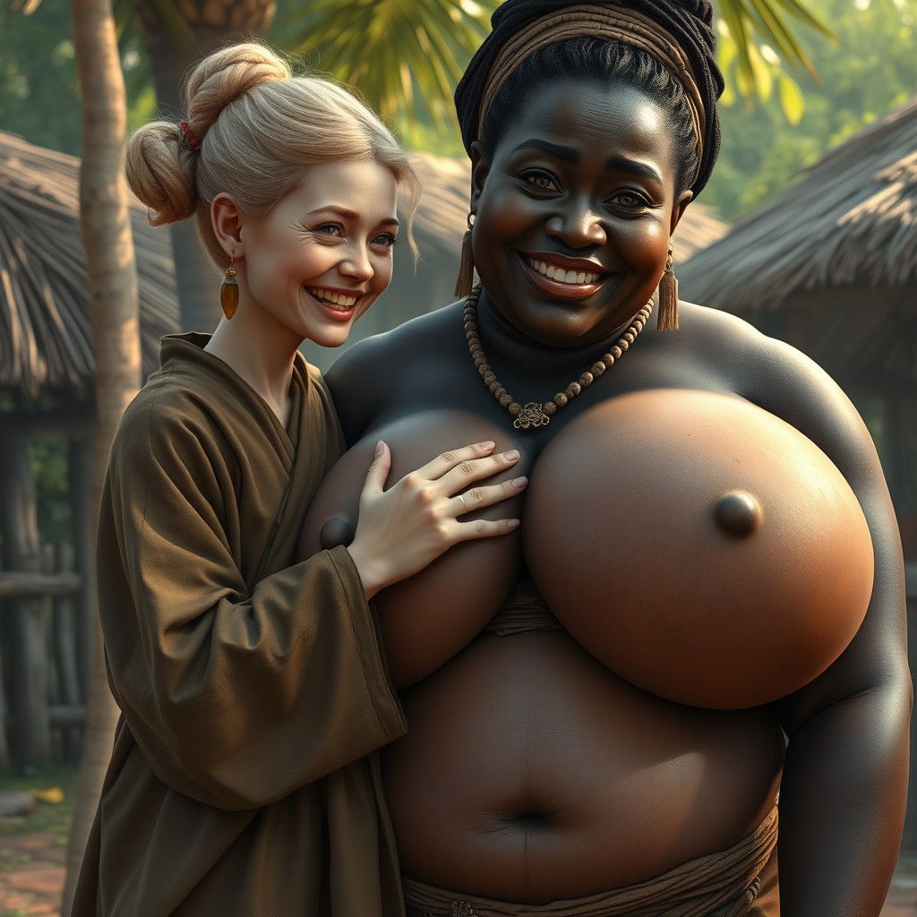 In an African medieval village, a young, very short, undernourished blonde woman with rotten teeth is dressed in a long, fully-closed Buddhist robe, with her hair styled in a bun and embellished with medieval earrings