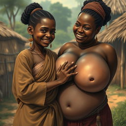In an African medieval village, a young, very short, undernourished blonde woman with rotten teeth is dressed in a long, fully-closed Buddhist robe, with her hair styled in a bun and embellished with medieval earrings