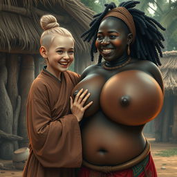 In an African medieval village, a young, very short, undernourished blonde woman with rotten teeth is dressed in a long, fully-closed Buddhist robe, with her hair styled in a bun and embellished with medieval earrings