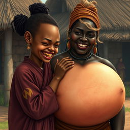 In an African medieval village, a young, very short, undernourished blonde woman with rotten teeth is dressed in a long, fully-closed Buddhist robe, with her hair styled in a bun and embellished with medieval earrings