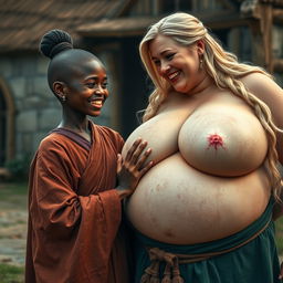 In a medieval village, a young African woman, short and malnourished with crooked teeth and pointed ears, is dressed in a long, fully closed Buddhist robe