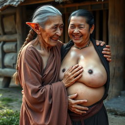 In a medieval village, an elderly Indonesian woman, very short and emaciated with rotten teeth and elf-like ears, is dressed in a long, completely closed Buddhist robe
