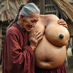 In a medieval village, an elderly Indonesian woman, very short and emaciated with rotten teeth and elf-like ears, is dressed in a long, completely closed Buddhist robe