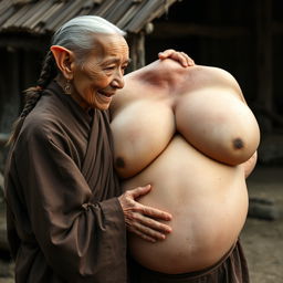 In a medieval village, an elderly Indonesian woman, very short and emaciated with rotten teeth and elf-like ears, is dressed in a long, completely closed Buddhist robe