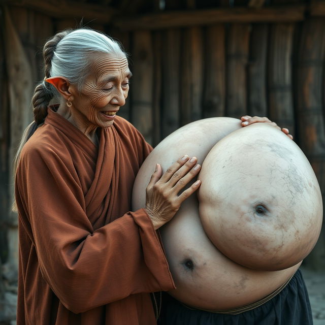 In a medieval village, an elderly Indonesian woman, very short and emaciated with rotten teeth and elf-like ears, is dressed in a long, completely closed Buddhist robe
