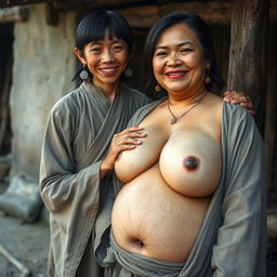 In a medieval village, a young Indonesian woman, very short and emaciated with rotten teeth, wears a long, completely closed Buddhist robe