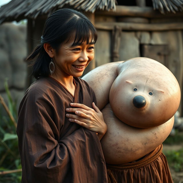 In a medieval village, a young Indonesian woman, very short and emaciated with rotten teeth, wears a long, completely closed Buddhist robe