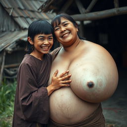 In a medieval village, a young Indonesian woman, very short and emaciated with rotten teeth, is dressed in a long, completely closed Buddhist robe