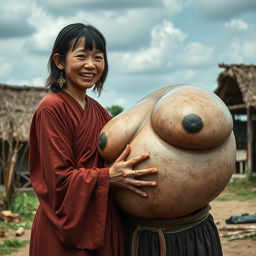 In a medieval village, a young Indonesian woman, very short and emaciated with rotten teeth, is dressed in a long, completely closed Buddhist robe