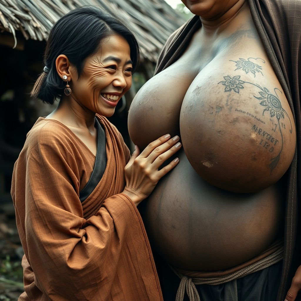 In a medieval village, a young Indonesian woman, short and emaciated with rotten teeth, wearing a long, fully closed Buddhist robe, medium-length hair adorned with medieval earrings