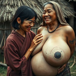 In a medieval village, a young Indonesian woman, short and emaciated with rotten teeth, wearing a long, fully closed Buddhist robe, medium-length hair adorned with medieval earrings