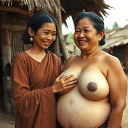 In a medieval village, a young Indonesian woman, short and emaciated with rotten teeth, wearing a long, fully closed Buddhist robe, medium-length hair adorned with medieval earrings