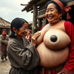 In a medieval village, a young Indonesian woman, short and emaciated with rotten teeth, wearing a long, fully closed Buddhist robe, medium-length hair adorned with medieval earrings