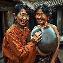 In a medieval village, a young Indonesian woman, short and emaciated with rotten teeth, wearing a long, fully closed Buddhist robe, medium-length hair adorned with medieval earrings