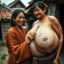 In a medieval village, a young Indonesian woman, short and emaciated with rotten teeth, wearing a long, fully closed Buddhist robe, medium-length hair adorned with medieval earrings