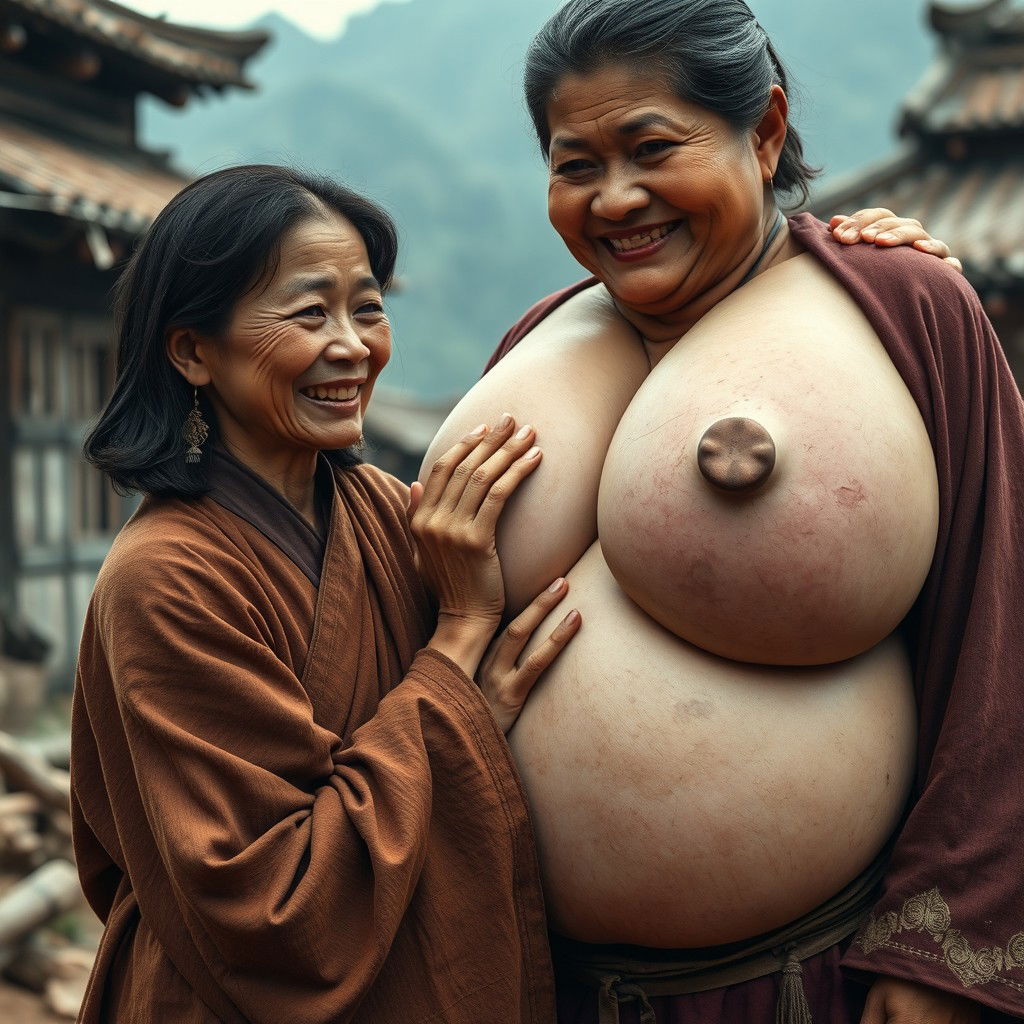 In a medieval Chinese village, a young Indonesian woman, short and emaciated with rotten teeth, wearing a long, fully closed Buddhist robe, medium-length hair adorned with medieval earrings