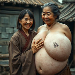 In a medieval Chinese village, a young Indonesian woman, short and emaciated with rotten teeth, wearing a long, fully closed Buddhist robe, medium-length hair adorned with medieval earrings
