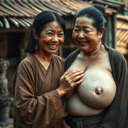 In a medieval Chinese village, a young Indonesian woman, short and emaciated with rotten teeth, wearing a long, fully closed Buddhist robe, medium-length hair adorned with medieval earrings