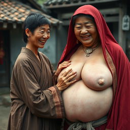 In a medieval Chinese village, a young Indonesian woman, short and emaciated with rotten teeth, wearing a long, fully closed Buddhist robe, medium-length hair adorned with medieval earrings