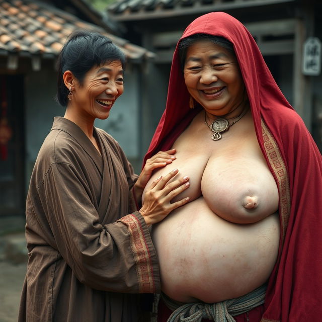 In a medieval Chinese village, a young Indonesian woman, short and emaciated with rotten teeth, wearing a long, fully closed Buddhist robe, medium-length hair adorned with medieval earrings