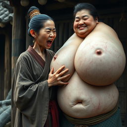 In a medieval Chinese village, a young Chinese woman, short and emaciated with a unique appearance, is shouting loudly
