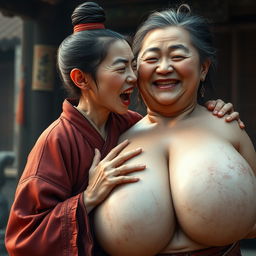 In a medieval Chinese village, a young Chinese woman, short and emaciated with a unique appearance, is shouting loudly