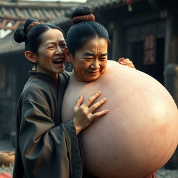 In a medieval Chinese village, a young Chinese woman, short and emaciated with a unique appearance, is shouting loudly