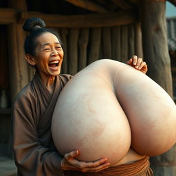 In a medieval Chinese village, a young Indonesian woman, short and emaciated with rotten teeth, is shouting loudly