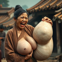 In a medieval Chinese village, a young Indonesian woman, short and emaciated with rotten teeth, is shouting loudly