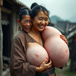 In a medieval Chinese village, a young Indonesian woman, short and emaciated with rotten teeth, is wearing a long, closed Buddhist robe with her hair styled in a bun and medieval earrings